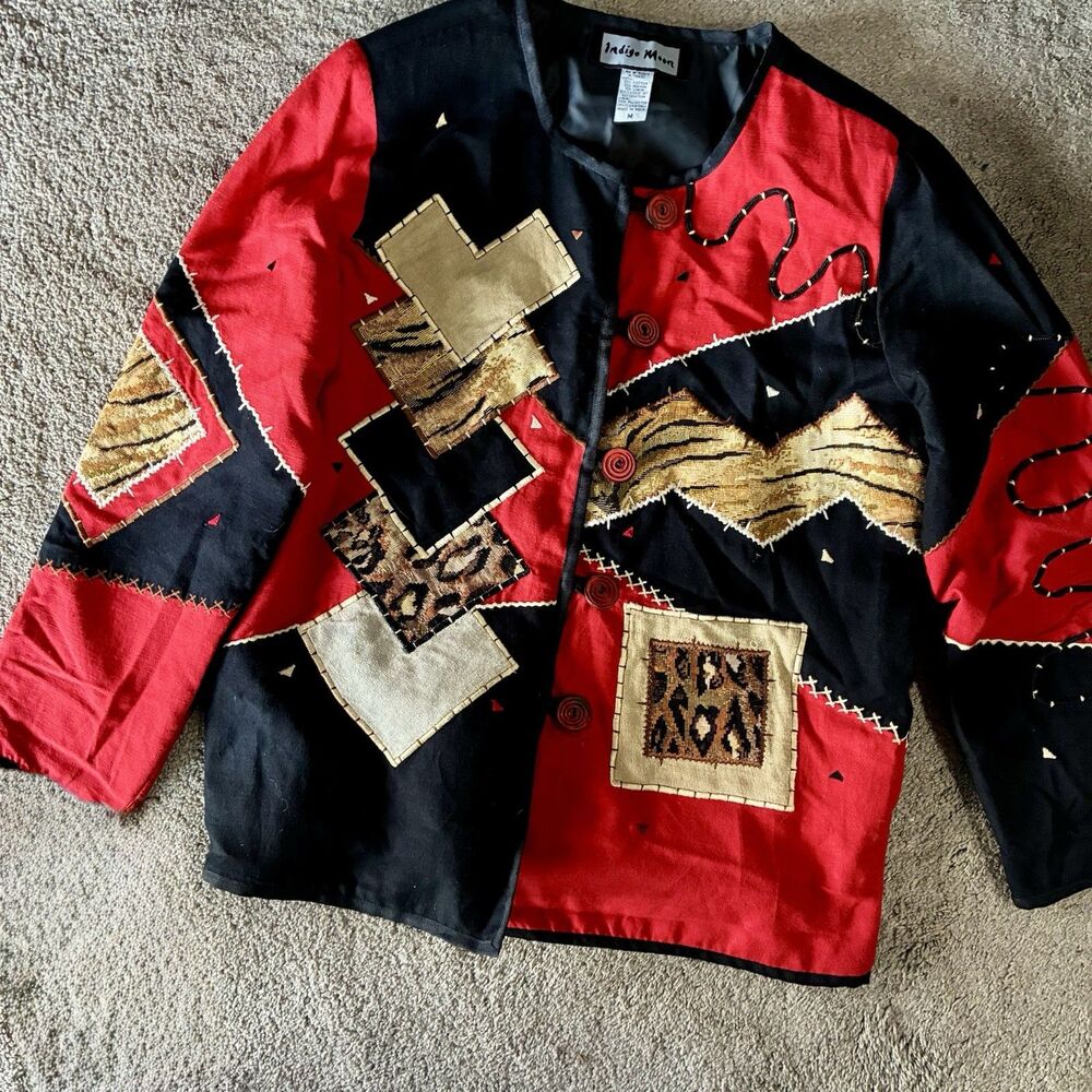 Vintage Indigo Moon Art to Wear Animal Patchwork Embroidered Jacket M Red Black - Picture 2 of 11